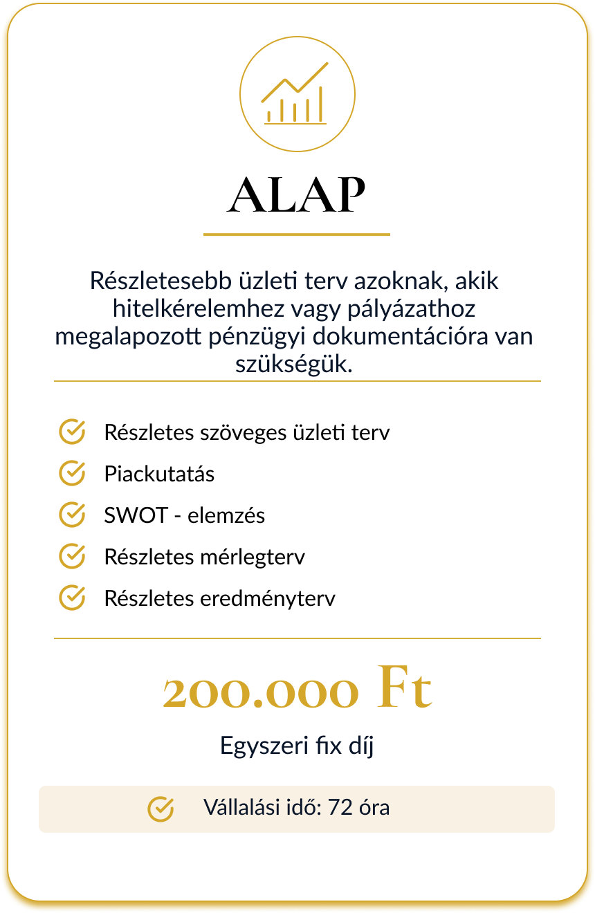 Bankképes üzleti terv készítési csomagok: Minimum, Alap és Prémium szolgáltatások hitelhez, pályázathoz és befektetői finanszírozáshoz.